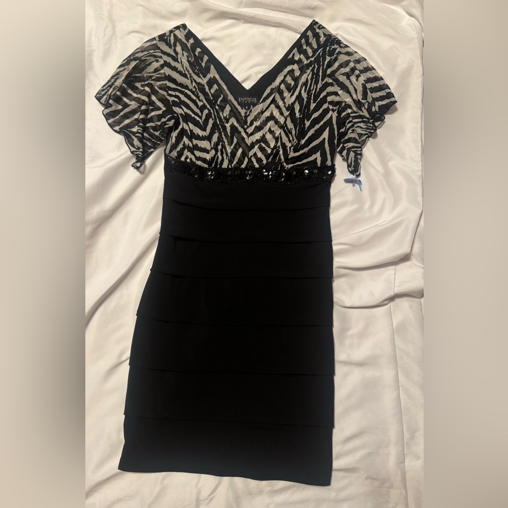 Enfocus Studio Black and White Ruffled Bodycon Mini Dress